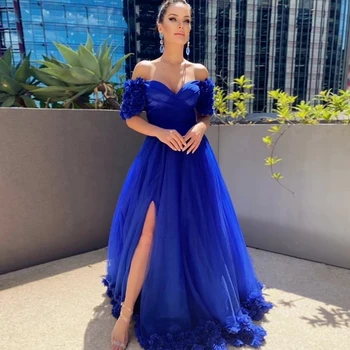 Royal Blue Vakaro Suknelės Ilgio Prabanga 2021 V-Kaklo Gėlės Nuo Peties Pusėje Padalinta Prom Chalatai Tiulio Derliaus Sławna Dress