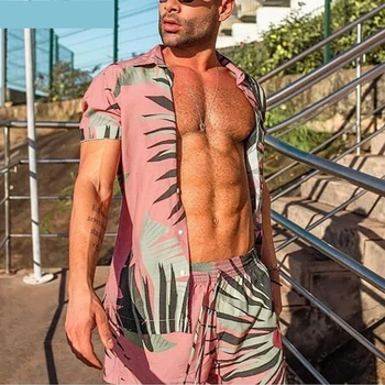 Paplūdimio Šortai Streetwear Atsitiktinis Mens Kostiumas 2 Gabalus S-5Xl Vyrų Havajų Rinkiniai Spausdinimo 2021 M. Vasarą trumpomis Rankovėmis Mygtuką Marškinėliai