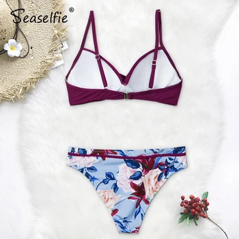 SEASELFIE Push Up Gėlių Wrap Bikini Rinkiniai Moterims Sexy Diržas iš Dviejų dalių Maudymosi 2021 Mergina Paplūdimio Maudymosi Kostiumai, maudymosi Kostiumėliai,