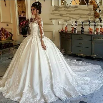 Prabanga ilgomis rankovėmis Musulmonų satino vestuvių suknelė iki 2021 m. Kamuolys suknelė vestuvių suknelė skraiste mariee Vestuvių suknelė teismas traukinio vestidos de boda
