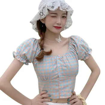 Moterims Palaidinės Vasaros Korėjos Pledas Marškiniai Vasaros Korėjos Aikštėje Apykaklę, Trumpas Marškinėliai Topai Aikštėje Apykaklės Sluoksniuotos Rankovėmis Trumpa Palaidinė