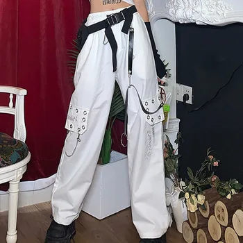 Harajuku Punk Juoda Krovinių Kelnės Moterims Gotikos Grandinės Balta Plati Koja Kelnės Moteriška Hipių Gatvės Stiliaus Emo Goth Centras