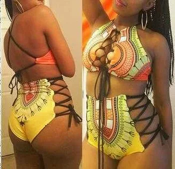 Plius Dydžio Seksualus Bikini 2021 Europos ir Amerikos Populiarus Tvarstis Thong Spausdinti Afrikos Stiliaus Maudymosi Kostiumas Moterims Badeanzug