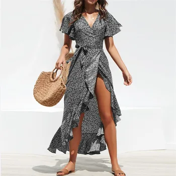 Boho Summer Maxi Dress Moterų Paplūdimio Žalia Gėlių Spausdinti Ilga Suknelė Raukiniai Wrap Atsitiktinis V-Kaklo Padalinta Seksualus Suknelės, Šaliai, Skraistės