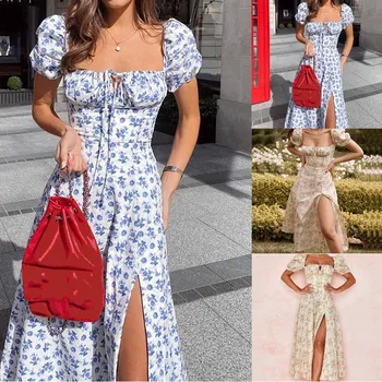 Mados Moterų Šifono Atsitiktinis Gėlių Spausdinti Trumpas Rankovės Padalinta Ilga Suknelė платье летнее 2021 vestido de mujer