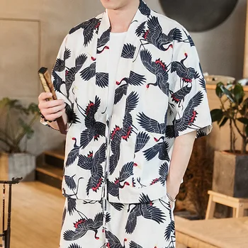 Vyrai Japonų Stiliaus Samurajus Kimono Haori Atsitiktinis Haremo Kelnės Streetwear Retro Stiliaus Kinijos Spausdinti Palaidinė Viršūnes Hanfu Rūbeliai Kelnės