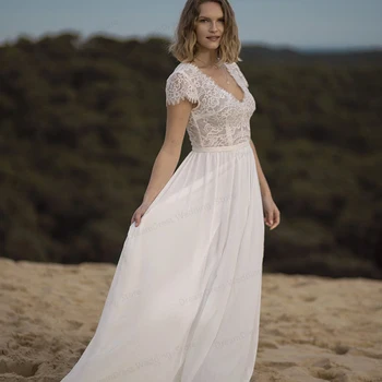 Trumpas Rankovės Vestuvių Suknelės 2021-Line Bohemijos Šifono Nuotakos Suknelė Paprasta Paplūdimio Skraiste De Mariee Pigūs Elegantiška Moteris Panele