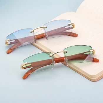 Peekaboo moterų akiniai nuo saulės taškus uv400 frameless mados saulės akiniai vyrams spalvų objektyvas vyrų medienos grūdų, aukso mėlyna žalia
