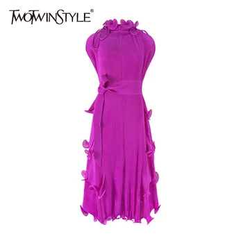 TWOTWINSTYLE Purple Elegantiškas Varčias Slim Suknelė Moterims trumpomis Rankovėmis Aukštos Juosmens Kratinys Pynimas 