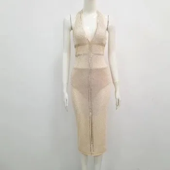 Naujas Moterų Pavasario Seksualus Backless Apynasrio Akių Deimantų Kristalų Smėlio Bodycon Midi Suknelė 2021 Elegantiškas Vakaras Šalis Suknelė Vestidos