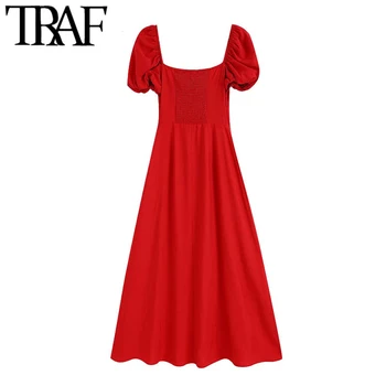 TRAF Moterų Elegantiškos Mados sagomis, Midi Suknelė Vintage Sluoksniuotos Rankovėmis, Smocked Atgal Išsamiai Moterų Suknelės, Vestidos Mujer