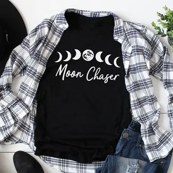Mėnulis Chaser Medvilnės marškinėliai Juokinga Tiesiog Etapo Marškinėlius Camiseta Estetinės Moterų Grafinis Paslaptingas Witchy Black Marškinėliai Viršų