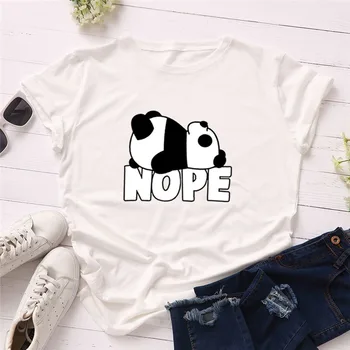 Plius Dydis S-3XL Nope Panda Print T-marškinėliai Moterims Marškinėliai, O Kaklas Trumpas Rankovės Tees Vasaros Women Marškinėliai Black Marškinėlius