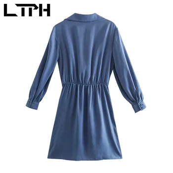 LTPH derliaus atvartas ilgomis rankovėmis moterų suknelė, prašmatnus aukšto juosmens Lankas apdaila mados satino tekstūros elegantiškas suknelės 2021 m. Pavasarį Naujas