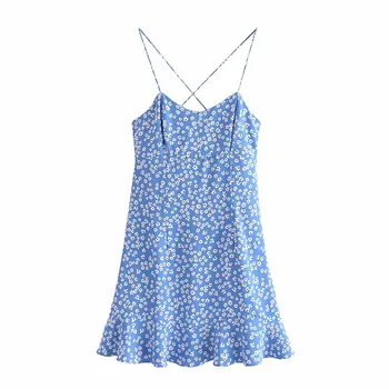 PSEEWE Suknelė Moterims Za Mėlyna Gėlių Trumpos Suknelės Moteris Vasarą 2021 Mados Pynimas Slydimo Mini Suknelė su Sexy Holiday Beach Sundress