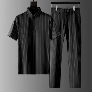 (Marškinėliai + kelnės)2021 m. vasarą vyrams marškinėliai stripe marškinėliai vyriški verslo atsitiktinis mados marškinėliai vyrams pilnas dydis M-4XL