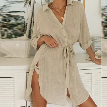 2021 Vasaros Polo Negabaritinių Ilgi Marškinėliai-Suknelė Moterims Medvilnės Tunika Boho Paplūdimio Baltos Suknelės Ilgomis Rankovėmis Bohemijos Skraiste Chemise Vestido
