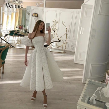 Verngo 2021 Naujas Dizainas Visiškai Nėrinių Vestuvių Suknelė, Trumpas Sluoksniuotos Rankovėmis Stebėjimo Arbata Ilgis Pilietinės Vestuvių Nuotaka Chalatai Priėmimo