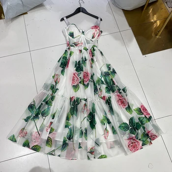 Moterų Dirželis Vasaros Maxi Suknelė Be Rankovių Gėlių Spausdinti Aukštos Juosmens Tunika Saldus Atostogų Suknelė 2021