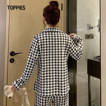 Toppies 2021 m. Pavasarį Pižama Moterims, Houndstooth Spausdinimo Sleepwear Moterų Atsitiktinis Dviejų dalių Komplektas Miego Viršūnės ir Kelnės