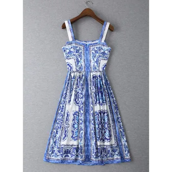 Dizaineris Suknelė Moterų Aukštos Kokybės Retro Mėlyna Balta Porceliano Spausdinti Mygtuką Spageti Dirželis Kelio Ilgio Suknelė