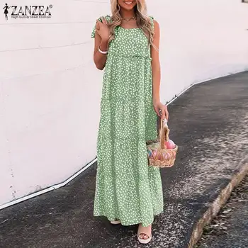 ZANZEA Moterys Vasarą Bohemijos Gėlių Spausdinti Paplūdimio Ilga Suknelė 2021 Femme Rankovių Sundress Skraiste, Raukiniai Maxi Vestidos