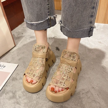 Akių orui sandalai moterų 2021 m. vasarą naujos platformos basutės su storu-soled nėriniai siuvinėjimo velcro atsitiktinis sandalai