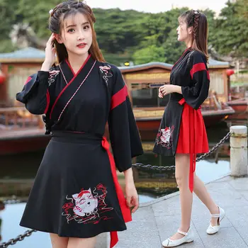 Moteris Japonų Kimono Rūbeliai Anime Dress Animacinių Filmų Hanfu Siuvinėjimo Kawaii Senovinių Azijos Yukata Haori Cosplay Kostiumas Šalis Suknelės
