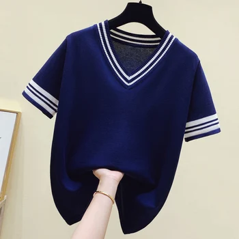 L-4XL plius dydis moterų, Vasaros plonas kint megztinis (puloveris 2021 prarasti atsitiktinis trumpomis rankovėmis v-kaklo Juostele pagrindinio megztiniai megztinis