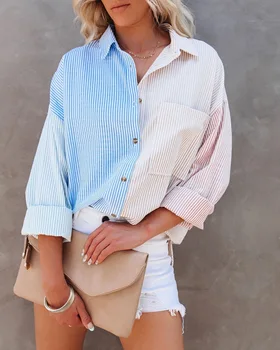 Moteriški drabužiai 2021 spalvinga Dryžuotas kišenėje ilgomis rankovėmis Viršuje femme traf za Vasaros megztinis fiskalinės medžiaga eam oficiali parduotuvė