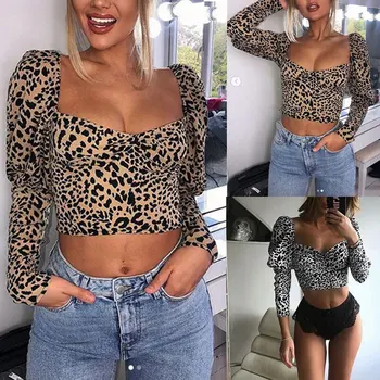 Naujas Mados Vasaros Moterims Seksualus U-Kaklo Leopard Print Long Sleeve T-Shirt Karšto Pardavimo Atsitiktinis Derliaus Streetwear Marškinėliai