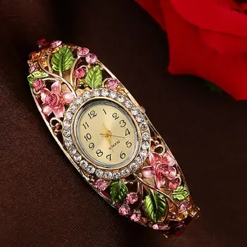 Moterų Lady Žiūrėti Grožio Crystal Spalvos Lydinio Gėlių Bangle Apyrankės Aukso Laikrodis Analoginis Kvarcas Brangakmenio Klasikinė Suknelė Laikrodį