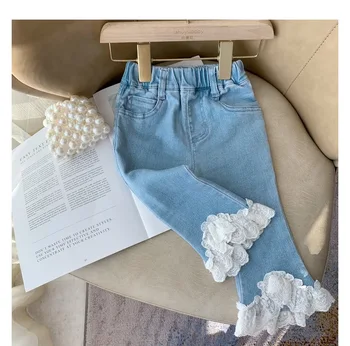 Vaikų džinsinio audinio kelnės 2021 metų pavasario modelių merginos aukštos elastinga nėrinių džinsai vaikų kūdikių super vakarų atsitiktinis mados kelnės
