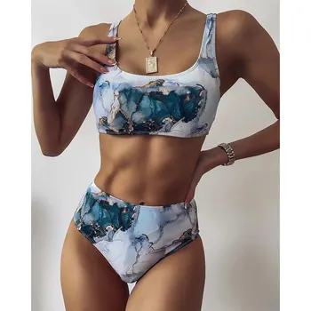 Seksualus Marmuro tie Dažai Išspausdintas Ponios Padalinta maudymosi kostiumėlį U-kaklo Aukštos Juosmens Bikini 2021