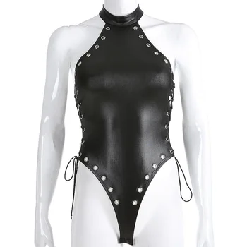 4XL Moterų Sexy pu Dirbtiniais Odos Pusėje Nėrinių Bodysuits Erotika Leotard Kostiumai Gumos Lanksti Fetišas Karšto Latekso Catsuit Clubwear
