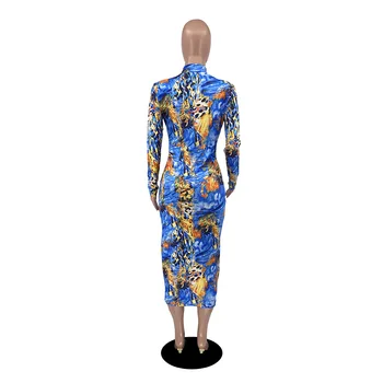 Spalvotų Kaklaraištis Dažyti Spausdinti Pavasario Apvalkalas Suknelė Moterų Golfo Visą Rankovės Liesas Suknelės Elegantiškas Aukšto Juosmens Šalies Klubas Suknelė