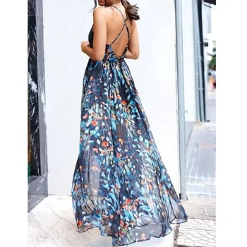 YICIYA 2021 Naujas vasaros paplūdimio suknelė Big v-kaklo Gėlių spausdinti seksualus Backless Šalies stiliaus Aukšto juosmens Šifono suknelė, diržas Tiktų