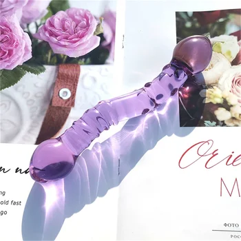 Dvigubo Baigėsi Kristalų Violetinė Pyrex Stiklo Dildo, Dirbtinės Varpos Granulių ir Spiralės G Spot Simuliatorius Suaugusiųjų Sekso Žaislai Moteris