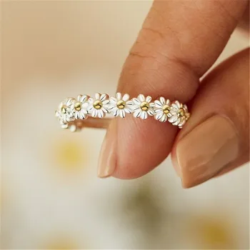 Derliaus Daisy) Žiedai Moterims Mielas Gėlių Žiedas Reguliuojamas Atidaryti Manžetai Vestuvių, Sužadėtuvių Žiedai, Moterų Papuošalai Bague