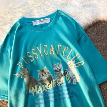 Medvilnės Retro T Marškinėliai Moterims Katės Raidėmis Spausdinimo Tshirts Negabaritinių Komfortą Vasaros Tees 2021 Prekės Ženklo Mados Streetwear Mielas Viršūnės