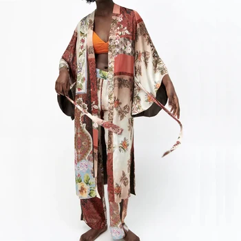 TRAF Za Kratinys Ilgai Moteris Kimono Derliaus Spausdinimo Diržo ilgomis Rankovėmis Palaidinė Moterims Kimonos Vasaros 2021 Japonijos Paplūdimio Kimono Viršų