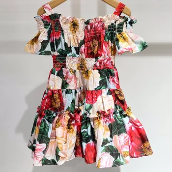 Baby girl vasaros derliaus gėlių dirželis princesė dress vaikai spausdinami šalies paplūdimys, big swing suknelė-line