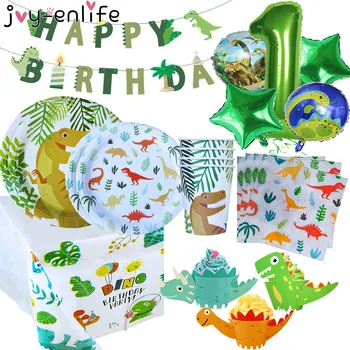 Dinozaurų Šalis Papuošalai 1-asis Gimtadienis Dinour Stalo įrankiai Rinkinys Happy Birthday Party Apdailos Vaikams Berniuką Džiunglėse-Laukinių Šalis, deco