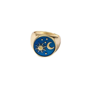 Sun moon emalio aukso signet žiedas moterims, žalvario, aukso spalvos vintage mėlyna spalva moterys bižuterijos 2021
