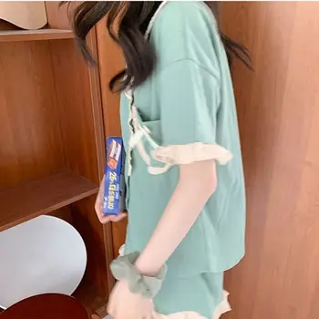 Moterų Pajama Komplektai Raukiniai Lankas Merginos Saldus Trumpas Rankovės Sleepwear Korėjos Stiliaus Atsitiktinis Mielas Studentų Poilsio Pižama Negabaritinių Ins