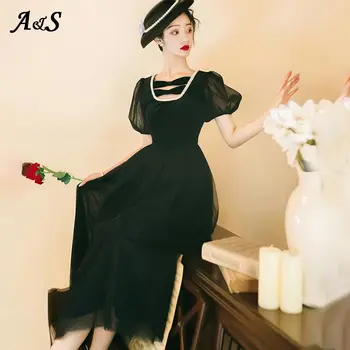 Anbenser Vintage Black Prancūzijos Suknelė Moterims Sluoksniuotos Rankovėmis Pasakų Suknelės Moterų Aikštėje Apykaklės Akių Elegantiškas Šalis Suknelė Vestidos Mujer