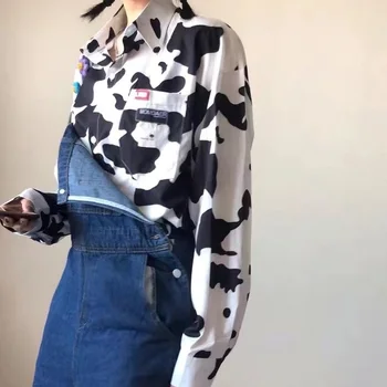HOUZHOU Harajuku Karvė Spausdinti Palaidinės Moterims ilgomis Rankovėmis Marškinėliai korėjos Stiliaus Plius Dydis Mygtuką Iki Palaidų Drabužių Streetwear Viršūnes Naujas
