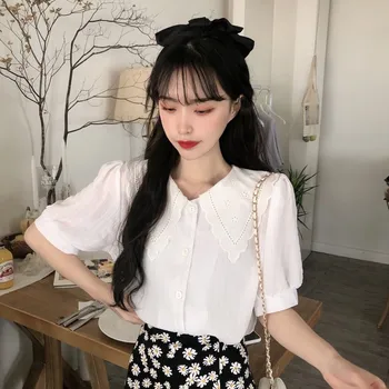 Pavasario 2021 naujų korėjos stiliaus lėlės apykaklės mergina sluoksniuotos rankovėmis marškinėliai projektavimo saldus trumparankoviai dugno į viršų
