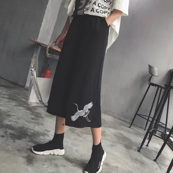 Harajuku Juoda Plati Koja Kelnės Moterims Derliaus Siuvinėjimo Krano Kelnės Korėjos Mados Atsitiktinis Aukšto Juosmens Pantalons Capris Mujer