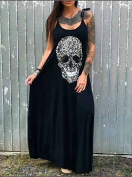 2020 Metų Vasaros Suknelė Moterims Atsitiktinis Punk Prarasti Trumpas Rankovės Kaukolė Spausdinti Moteriška Suknelė Streetwear Pusėje Aukštos Padalinta Gėlių Moterų Vestido